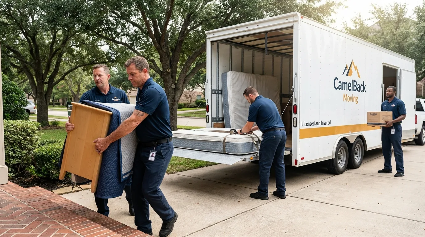 Crew loading residential truck for cross-state move from Monmouth, OR