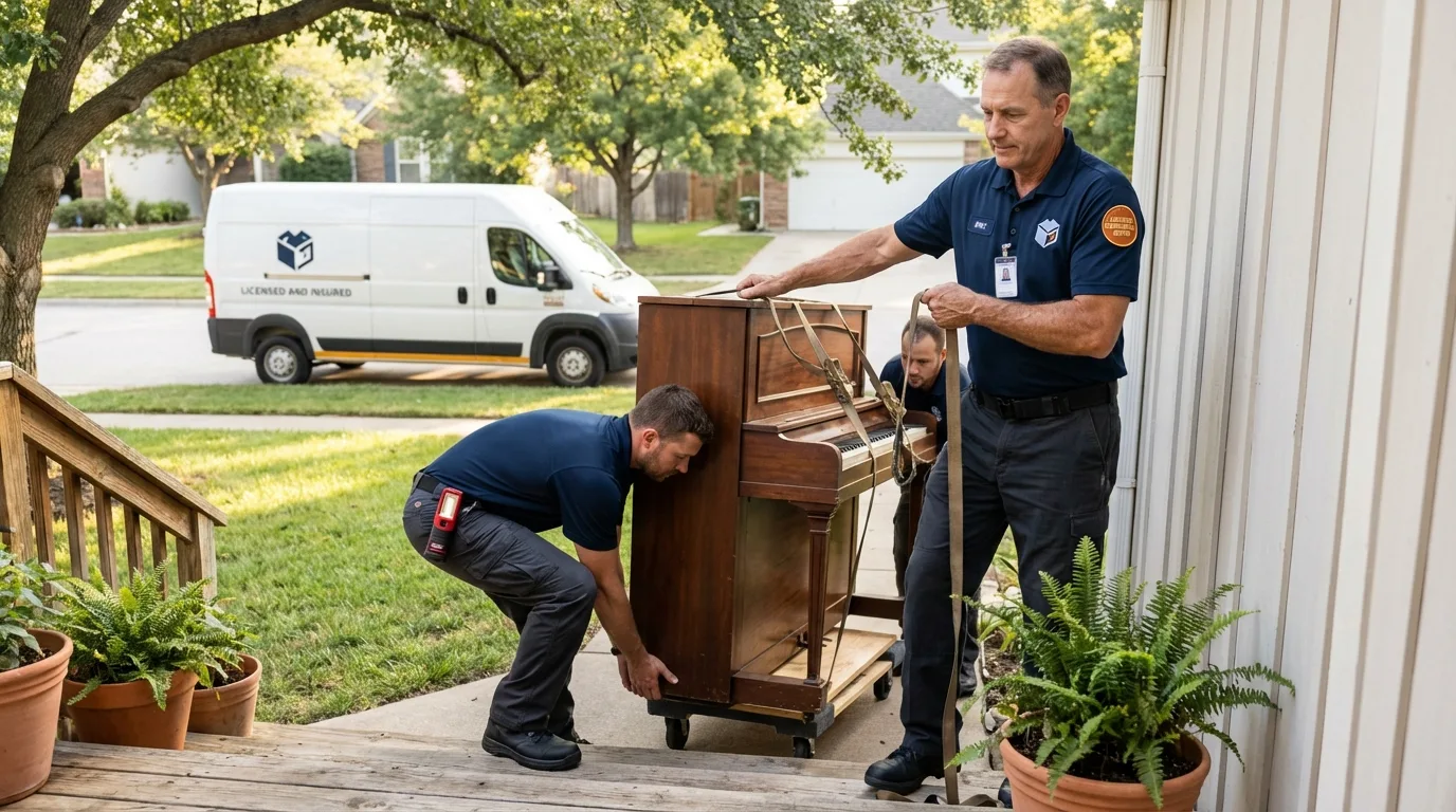 Licensed piano movers securing grand piano in Monmouth, OR
