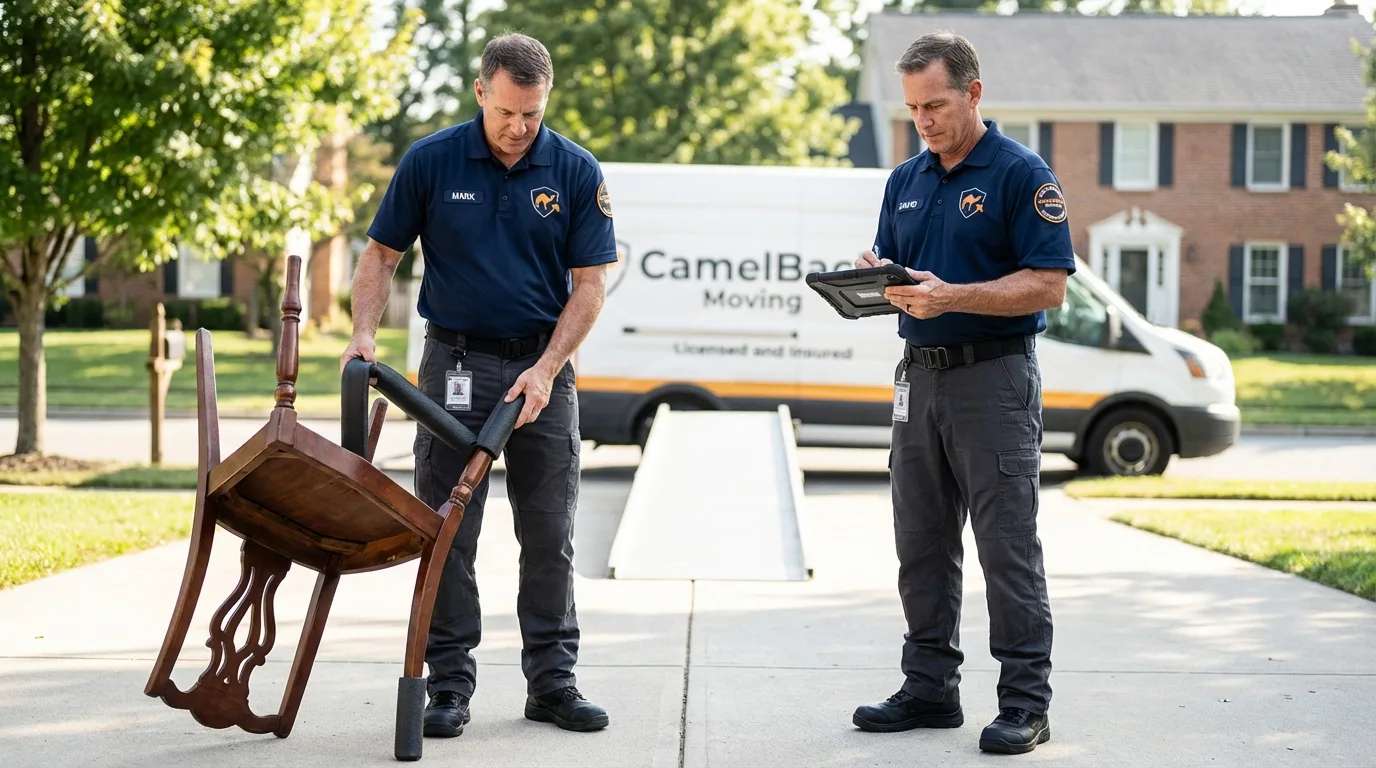 Movers inspecting furniture for damage prevention before loading in Monmouth, OR