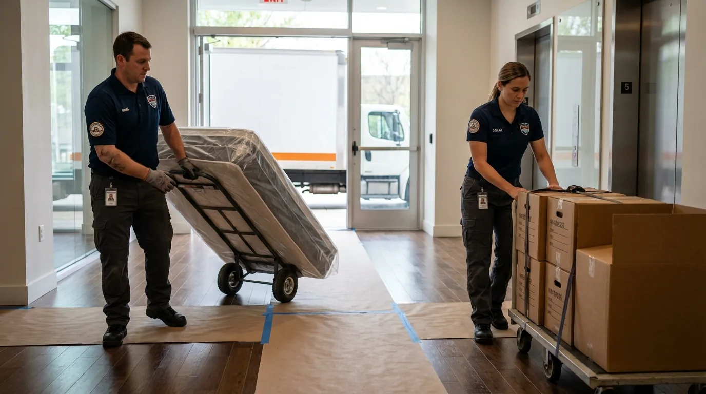 Professional apartment movers loading elevator in Monmouth, OR