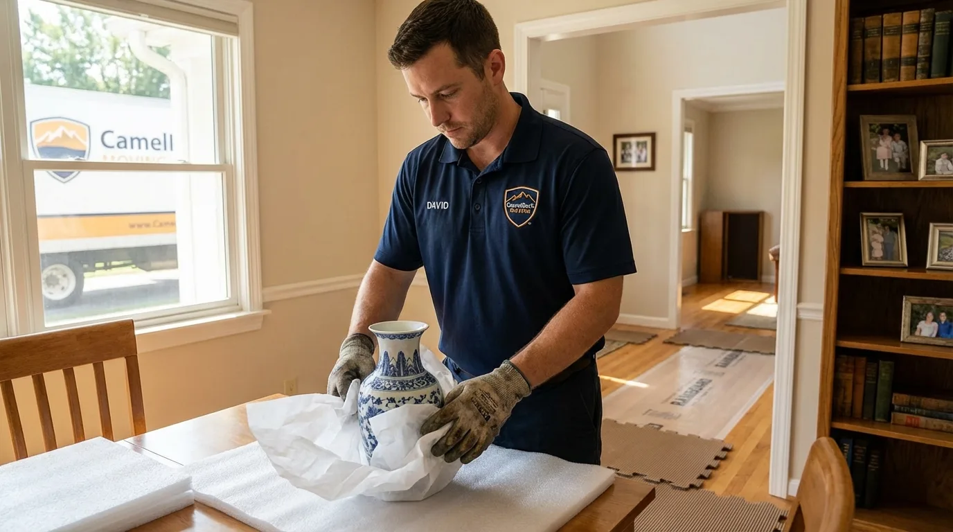 Professional crew carefully wrapping antique vase for senior downsizing move in Monmouth, OR